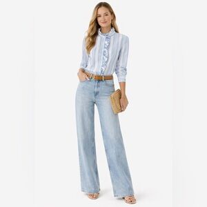 Banana Republic Ruffle Collar Stripe Blouse – Blue & White – Size Medium